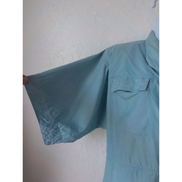 VTG 100% Silk Oleg Cassini Blue Teal Midi Dress Women 8 Faux Wrap Utility 90s - Picture 4 of 11